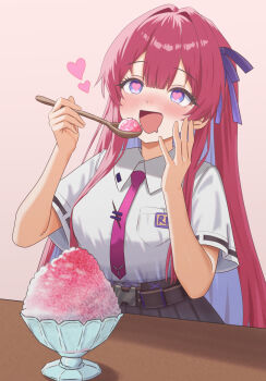 1girl absurdres black_skirt blush breast_pocket breasts chaos_zero_nightmare collared_shirt colored_inner_hair eating food hair_ribbon heart heart-shaped_pupils high-waist_skirt highres konjou long_hair multicolored_hair open_mouth pleated_skirt pocket purple_hair red_hair rei_(chaos_zero_nightmare) ribbon shaved_ice shirt shirt_tucked_in short_sleeves sidelocks simple_background skirt smile solo symbol-shaped_pupils white_shirt