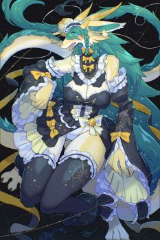 1girl animal_ears black_dress black_thighhighs breasts colored_skin commentary_request detached_sleeves dragon_ears dragon_girl dragon_horns dragon_tail dress frilled_dress frilled_sleeves frills full_body furry furry_female green_eyes green_hair hairband highres horns large_breasts lolita_hairband long_hair looking_at_viewer original rikose solo tail thighhighs wide_sleeves yellow_skin