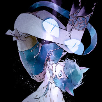 1boy animal_ears black_background black_boots blue_hair blue_jacket blue_sclera boots cape cat_boy cat_ears cat_tail colored_sclera falling grin identity_v jacket kurage_ichi light_particles male_focus naib_subedar naib_subedar_(cheshire_cat) official_alternate_costume pants ponytail sharp_teeth slit_pupils smile stitched_mouth stitches tail teeth white_cape white_pants