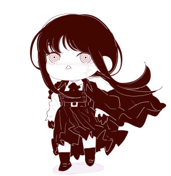 1girl cape chainsaw_man chibi chibi_only collared_shirt deer60868637 dress facial_scar full_body gloves long_sleeves monochrome neck_ribbon pinafore_dress ribbon scar scar_on_cheek scar_on_face scar_on_nose shirt sleeveless sleeveless_dress solo standing yoru_(chainsaw_man)