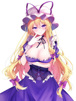 1girl arm_under_breasts black_choker blonde_hair bow breasts choker cleavage closed_mouth collarbone corset cowboy_shot dress gloves hair_bow hat hat_ribbon highres large_breasts long_hair looking_at_viewer mob_cap multiple_hair_bows nenobi_(nenorium) puffy_short_sleeves puffy_sleeves purple_bow purple_corset purple_dress purple_eyes purple_hat purple_ribbon ribbon ribbon_choker short_sleeves simple_background smile solo touhou very_long_hair white_background white_gloves yakumo_yukari