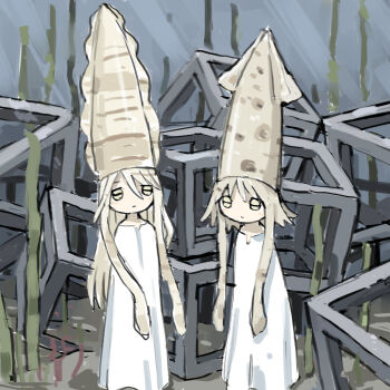2girls blonde_hair brown_eyes closed_mouth expressionless hair_between_eyes hat highres horizontal_pupils long_hair looking_at_viewer multiple_girls no_hands original short_hair squid_hat tsukumizu tunic underwater white_tunic