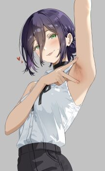 1girl arm_up armpits black_shorts chainsaw_man closed_mouth commentary_request cowboy_shot double-parted_bangs green_eyes grey_background hair_between_eyes hand_up highres long_bangs looking_at_viewer presenting_armpit purple_hair reze_(chainsaw_man) shirt shirt_tucked_in shorts simple_background sleeveless sleeveless_shirt solo spread_armpit standing sunsun2812 tongue tongue_out white_shirt