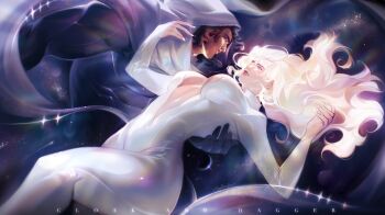 1boy 1girl absurdres andrewllz_(sleepyandrewllz) black_cloak blonde_hair bodysuit breasts character_name cloak cloak_(marvel) couple crescent crescent_facial_mark dagger_(marvel) dark-skinned_male dark_skin dreadlocks facial_mark floating_hair glowing glowing_hair hand_on_another&#039;s_back hetero highres hood hood_up interracial large_breasts long_hair marvel midriff muscular muscular_male plunging_neckline smile underboob white_bodysuit white_nails