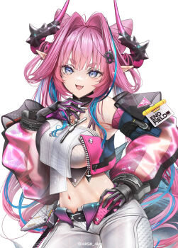 Rule 34 | 1girl, arknights, arknights: endfield, black gloves, black horns, blue eyes, blue hair, breasts, commentary request, crop top, gloves, hair intakes, highres, horns, jacket, large breasts, long hair, looking at viewer, midriff, multicolored hair, multicolored horns, open mouth, pants, pink hair, pink horns, pink jacket, simple background, solo, streaked hair, two-tone hair, two-tone horns, very long hair, white background, white pants, yokaze (yokajie), yvonne (arknights)