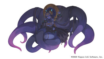 1girl arm_up bikini bikini_top_only black_bikini black_dress black_hair blunt_bangs bracelet breasts cephalopod_eyes cleavage colored_skin commentary_request company_name constellation_print copyright_logo covered_navel detached_sleeves dress gold_nails hair_ornament hand_on_own_face highres horizontal_pupils horns jewelry kyouran_makaism lansane large_breasts logo long_hair looking_at_viewer monster_girl nail_polish necklace nippon_ichi official_art purple_skin scylla simple_background smile solo swimsuit tentacles terraster very_long_hair white_background yellow_eyes