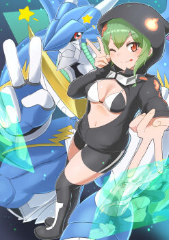 1boy 1girl absurdres armor bike_shorts bikini bikini_top_only black_bikini black_footwear black_jacket black_shorts black_socks blue_armor blue_skin boots breasts brown_eyes cleavage colored_skin commentary digimon digimon_(creature) digimon_world_re:digitize double_v double_vertical_stripe dragon full_body goggles goggles_around_neck green_hair gyaru_v hair_between_eyes hair_ornament highres hood hood_up hooded_jacket jacket knee_boots knight long_sleeves looking_at_viewer medium_breasts medium_hair multicolored_bikini multicolored_skin navel one_eye_closed open_clothes open_jacket orange_eyes over-kneehighs partially_unzipped red_eyes shinomiya_rina short_hair short_hair_with_long_locks shorts sidelocks smile socks spikes squatting standing star_(symbol) swimsuit thighhighs tongue tongue_out two-tone_bikini ulforcev-dramon upper_body v white_bikini white_skin x_hair_ornament yamamoto_zetta