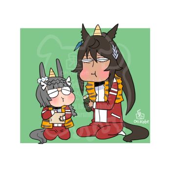 Rule 34 | 2girls, animal ears, black hair, blunt bangs, braid, closed eyes, closed mouth, commentary request, crown braid, dark-skinned female, dark skin, eating, ehoumaki, food, full body, glasses, green background, grey hair, horse ears, horse girl, horse tail, jacket, long hair, long sleeves, makizushi, masu, multicolored jacket, multiple girls, onikobe rin, pants, red jacket, red pants, red shoes, setsubun, shoes, sitting, sushi, symboli kris s (umamusume), tail, too many watermarks, tracen training uniform, two-tone background, two-tone jacket, umamusume, watermark, white jacket, zenno rob roy (umamusume)