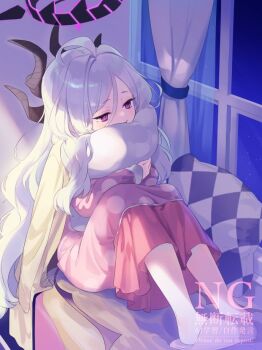 1girl blue_archive curtains dress halo hina_(blue_archive) hina_(pajamas)_(blue_archive) horns hug pillow pink_dress sitting solo tautiki twitter white_hair window