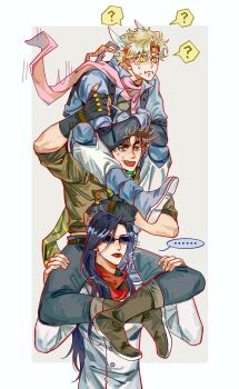 1girl 2boys ? battle_tendency black_hair blonde_hair blue_jacket bomber_jacket boots brown_hair caesar_anthonio_zeppeli carrying cigarette denim facial_mark feather_hair_ornament feathers fingerless_gloves gloves green_eyes green_scarf hair_ornament hands_on_another&#039;s_head headband heart highres human_stacking human_tower jacket jeans jo_jun jojo_no_kimyou_na_bouken joseph_joestar joseph_joestar_(young) layered_sleeves lipstick lisa_lisa long_hair long_sleeves makeup multiple_boys pants pink_scarf red_scarf scarf short_over_long_sleeves short_sleeves shoulder_carry slit_pupils spoken_heart spoken_question_mark stacking striped_clothes striped_scarf sweat thighhighs triangle_print
