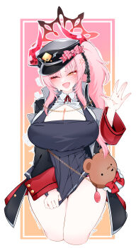 1girl ;d absurdres anger_vein aoielsol black_coat black_dress black_hat blue_archive blush breasts cleavage coat commentary_request cosplay cropped_legs demon_horns dress dress_tug halo hand_up hat highres horns huge_breasts ibuki_(blue_archive) ibuki_(blue_archive)_(cosplay) long_hair looking_at_viewer neck_ribbon one_eye_closed open_mouth panties panty_peek peaked_cap pink_hair pleated_dress red_panties red_ribbon ribbon satsuki_(blue_archive) shirt side_ponytail smile solo thick_thighs thighs underwear very_long_hair white_shirt