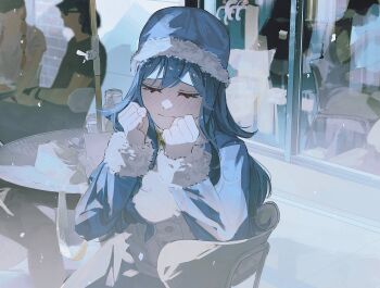 1girl blue_hair blue_hat blue_jacket blush breasts cafe chair clenched_hands closed_eyes closed_mouth commentary eyelashes fairy_tail fur-trimmed_headwear fur-trimmed_jacket fur_trim glass_door hair_between_eyes hands_up hat highres jacket juvia_lockser large_breasts long_hair outdoors r_rinry95 sitting table untranslatable_commentary