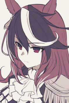 1girl animal_ears ascot brown_hair closed_mouth earrings epaulettes hair_between_eyes horse_ears horse_girl jewelry long_hair mauve multicolored_hair portrait purple_eyes simple_background single_earring single_epaulette streaked_hair symboli_rudolf_(emperor&#039;s_path)_(umamusume) symboli_rudolf_(umamusume) umamusume upper_body white_ascot white_hair