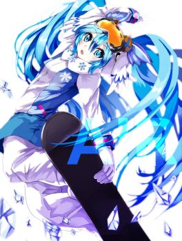 1girl aqua_eyes aqua_hair blue_jacket blush commentary_request gloves goggles goggles_on_head hair_between_eyes hatsune_miku highres jacket long_hair long_sleeves looking_at_viewer official_alternate_costume official_alternate_hairstyle open_mouth scarf simple_background ski_gear ski_goggles snowflake_print solo takepon1123 twintails very_long_hair vocaloid white_background white_gloves white_scarf yuki_miku yuki_miku_(2016)