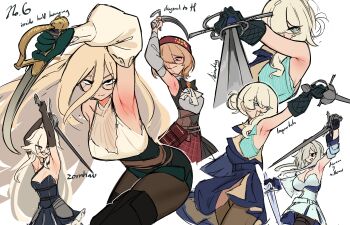 Rule 34 | 5girls, absurdres, armpits, beanie, black bow, black bowtie, black gloves, blue eyes, bow, bowtie, brown eyes, brown hair, centurii-chan, clio aite, clio aite (clio 2.0), closed mouth, commentary, dual wielding, elbow gloves, gloves, hair between eyes, hat, highres, holding, holding sword, holding weapon, long hair, multiple girls, open mouth, original, phase connect, rapier-chan (centurii-chan), red hat, short hair, sword, virtual youtuber, weapon, wilhelmina frost