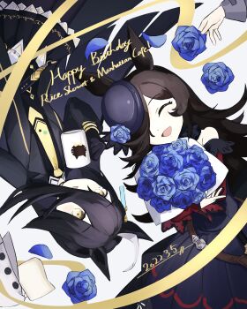 2girls absurdres agnes_tachyon_(umamusume) ahoge animal_ears belt black_belt black_coat black_pantyhose black_skirt black_vest blue_flower blue_rose bouquet closed_eyes coat collared_shirt creamer_(vessel) cup dated dress ear_ornament ear_tag earrings flower hair_between_eyes happy_birthday hat hat_flower hem_peeking_out highres holding holding_bouquet holding_cup horse_ears horse_girl jewelry long_hair_between_eyes manhattan_cafe_(umamusume) mug multicolored_hair multiple_girls necktie off-shoulder_dress off_shoulder open_clothes open_coat open_mouth pantyhose pleated_skirt purple_dress purple_hat rice_shower_(umamusume) rose shirt simple_background single_earring skirt smile sumikaracafe thick_eyebrows tilted_headwear umamusume vest white_background white_hair white_shirt yellow_necktie