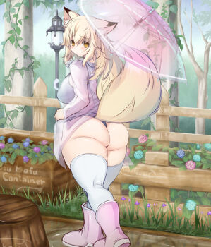 1girl animal_ears ass barrel blonde_hair blush boots breasts camisole choko-san_(fuyu) crate curvy dress_shirt female_focus fence flower fox_ears fox_tail from_behind fuyu grass huge_ass hydrangea lamppost large_breasts long_hair long_sleeves looking_back open_clothes open_shirt original panties pink_boots pink_thighhighs plant plump rain raincoat rubber_boots see-through_clothes shirt solo swimsuit tail thick_thighs thighhighs thighs thong transparent transparent_umbrella tree umbrella underwear vines walking water white_thighhighs yellow_eyes