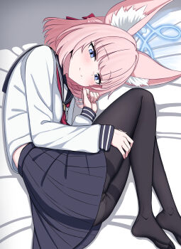 1girl animal_ear_fluff animal_ears black_pantyhose blue_archive blue_eyes blue_halo blue_skirt closed_mouth commentary_request fox_ears from_above halo highres looking_at_viewer lying niko_(blue_archive) no_shoes on_side panties panties_under_pantyhose pantyhose pink_hair shirt skirt smile solo underwear white_shirt yakob_labo