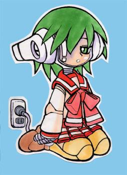 1girl android aqua_background archived_source arms_at_sides bad_link blouse bow bowtie brown_shoes cable contrast_collar electrical_outlet full_body green_eyes green_hair hair_over_one_eye helmet izuna_yoshitsune joints leaf_(studio) long_sleeves looking_at_viewer lowered_eyelids lowres mecha_musume mechanical_arms mechanical_ears mechanical_hands mechanical_head mechanical_legs mechanical_neck mechanical_shoes mechanical_skirt miniskirt multi_(to_heart) one_eye_covered outline parted_lips pink_bow pink_bowtie pleated_skirt powering_up red_sailor_collar red_skirt robot_ears robot_girl robot_joints sailor_collar school_uniform seiza shirt shoes simple_background sitting skirt solo teeth thighhighs to_heart to_heart_(series) traditional_media white_outline white_sleeves yellow_thighhighs