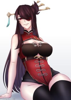 1girl absurdres beidou_(genshin_impact) breasts brown_hair china_dress chinese_clothes chinese_hairpin cleavage colored_eyepatch dress eyepatch genshin_impact hair_ornament hair_over_one_eye hair_stick highres jewelry large_breasts long_hair looking_at_viewer mamaprofennn one_eye_covered red_eyes smile solo tassel tassel_hair_ornament thighhighs thighs