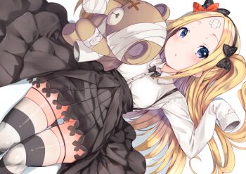 10s 1girl :o abigail_williams_(fate) bandaged_arm bandaged_head bandages black_bow black_panties black_skirt blush boko_(girls_und_panzer) bow bug butterfly collared_shirt commentary_request cosplay crossed_bandaids dress_shirt dutch_angle fate/grand_order fate_(series) female_focus girls_und_panzer gluteal_fold hair_bow insect long_hair long_sleeves looking_at_viewer lying on_back one_side_up orange_bow p_answer panties panty_pull parted_bangs parted_lips pleated_skirt purple_eyes shimada_arisu shimada_arisu_(cosplay) shirt skirt sleeves_past_fingers sleeves_past_wrists solo striped_clothes striped_thighhighs stuffed_animal stuffed_toy teddy_bear thighhighs underwear very_long_hair white_shirt