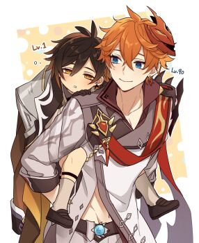 2boys aged_down ahoge blue_eyes brown_hair carrying earrings genshin_impact gradient_hair hair_between_eyes jewelry kokotendon level_difference male_focus midriff_peek multicolored_hair multiple_boys piggyback sash short_hair single_earring smile tartaglia_(genshin_impact) upper_body yellow_eyes zhongli_(genshin_impact)