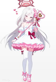 1gen_sinkun 1girl absurdres bare_shoulders blue_archive blush detached_sleeves dress hair_ornament hair_scrunchie halo highres holding holding_staff long_hair magical_girl mutsuki_(blue_archive) one_side_up pink_scrunchie pink_shoes red_eyes red_halo scrunchie shoes short_sleeves smile solo staff thighhighs white_dress white_thighhighs wrist_cuffs zettai_ryouiki