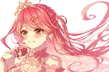 Rule 34 | 1girl, :d, ahoge, blush, breasts, cleavage, cleavage cutout, clothing cutout, commentary request, dress, earrings, floating hair, flower earrings, frilled dress, frills, gloves, gold tiara, green eyes, grin, hair ornament, hairclip, highres, holding, holding microphone, hololive, jewelry, long hair, microphone, official alternate costume, open mouth, pink dress, pink hair, sakura miko, sakura miko (flower fantasista!), simple background, smile, solo, swept bangs, tearing up, tilted headwear, two side up, very long hair, violet viora, virtual youtuber, white background, white gloves