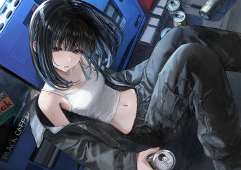 1girl absurdres black_eyes black_hair black_jacket black_pants blue_hair breasts camisole can commentary_request drooling drunk hashimoto_kokai highres jacket looking_at_viewer multicolored_hair navel open_clothes open_jacket original outdoors pants short_hair small_breasts solo two-tone_hair vending_machine