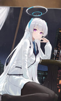 1girl absurdres blue_archive blue_necktie breasts city_lights closed_mouth formal_clothes halo highres indoors jianjia long_hair looking_at_viewer mechanical_halo medium_breasts necktie night noa_(blue_archive) purple_eyes seiza sitting smile solo suit table white_hair white_halo white_suit window
