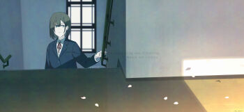 1girl absurdres adversarial_noise black_hair blue_eyes blue_jacket collared_shirt commentary_request dated dress_shirt falling_petals film_grain hair_between_eyes highres indoors jacket long_sleeves medium_hair original petals pink_petals railing red_ribbon ribbon sankakkee school shirt solo stairs twitter_username upper_body watermark white_shirt