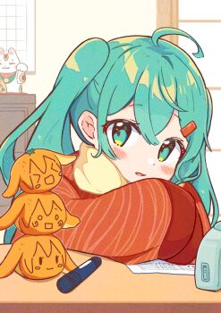 Rule 34 | 1girl, absurdres, ahoge, aoiyui, blush stickers, character-themed food, commentary, double-parted bangs, food, fruit, green eyes, green hair, hachune miku, hair between eyes, hair ornament, hairclip, hatsune miku, highres, japanese clothes, kimono, long hair, looking at viewer, mandarin orange, maneki-neko, marker, open mouth, red kimono, scarf, solo, upper body, vocaloid, yellow scarf
