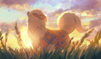 absurdres animal_focus anzu_(01010611) arcanine closed_eyes closed_mouth cloud commentary_request gen_1_pokemon grass highres nintendo no_humans orange_fur outdoors pokemon pokemon_(creature) pokemon_focus sky solo tail