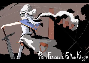 1girl antennae bare_arms black-framed_eyewear blue_capelet boots brown_background capelet clothes_around_waist commentary_request copyright_name feet_out_of_frame from_side fur_hat fur_jacket fur_scarf goggles hat holding holding_sword holding_weapon jacket jacket_around_waist letterboxed miniskirt pixiv_fantasia pixiv_fantasia_fallen_kings pleated_skirt scarf shadow shirt simple_background skirt solo sword taniya_raku thigh_boots triangular_eyewear ushanka weapon white_boots white_hat white_jacket white_scarf white_shirt white_skirt wind wind_lift