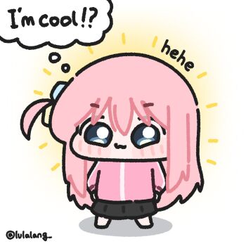 Rule 34 | 1girl, :3, aura, black skirt, blue eyes, bocchi the rock!, chibi, chibi only, closed mouth, english text, full body, gotoh hitori, highres, jacket, long hair, looking at viewer, lulalang, one side up, pink hair, pink jacket, skirt, smile, solo, speech bubble, standing, thought bubble, white background