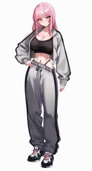 Rule 34 | 1girl, absurdres, black tank top, blunt bangs, breasts, cleavage, closed mouth, full body, grey jacket, grey pants, helldeer, highleg, highleg panties, highres, hololive, hololive english, jacket, large breasts, long hair, looking at viewer, midriff, mori calliope, navel, panties, pants, panty straps, pink eyes, shoes, sidelocks, simple background, smile, sneakers, solo, straight hair, string panties, tachi-e, tank top, underwear, virtual youtuber, white background