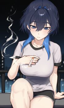 1girl absurdres black_hair black_shorts blue_eyes blue_hair breasts cigarette closed_mouth colored_inner_hair double-parted_bangs expressionless hair_between_eyes hair_intakes highres holding holding_cigarette hololive hololive_english hunk_404 knee_up large_breasts looking_at_viewer multicolored_hair night ouro_kronii outdoors shirt short_shorts shorts sitting smoke smoke_trail solo t-shirt virtual_youtuber white_shirt wolf_cut