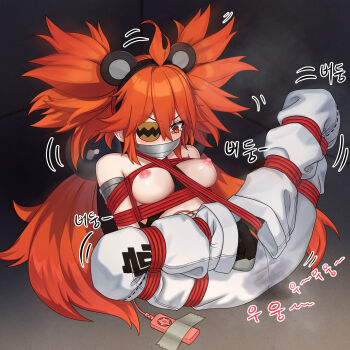 1girl absurdres ahoge animal_ears bare_shoulders bdsm bear_ears black_gloves blush bondage bound breasts commentary english_commentary eyepatch fake_animal_ears fingerless_gloves fintowing gloves hair_between_eyes hair_ornament highres koleda_belobog long_hair looking_at_viewer navel pants red_eyes red_hair shibari solo sphere_hair_ornament twintails zenless_zone_zero