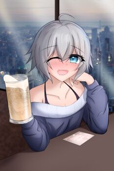 1girl absurdres alcohol beer blue_eyes blush date_a_live drunk highres honjou_nia kunshulucas short_hair solo white_hair