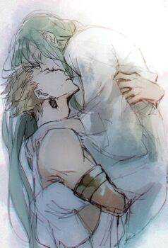1boy 1other armlet blonde_hair commentary_request earrings enkidu_(fate) fate/strange_fake fate_(series) gilgamesh_(fate) gold_armlet green_hair hug jewelry long_hair rata_to simple_background very_long_hair white_background