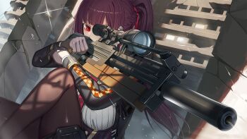 aiming black_pantyhose blunt_bangs breasts broken_window bullpup commentary_request crack cracked_wall girls&#039;_frontline girls&#039;_frontline_2:_exilium gloves gun highres holding holding_gun holding_weapon long_hair looking_through_scope makiatto_(girls&#039;_frontline_2) medium_breasts natori_youkai pantyhose ponytail purple_hair red_eyes reloading rifle ruins scope sniper_rifle suppressor tsurime wa2000_(girls&#039;_frontline) walther walther_wa_2000 weapon