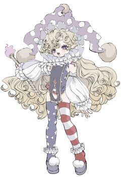 1girl :3 :d adapted_costume american_flag american_flag_legwear american_flag_print asymmetrical_legwear bare_shoulders blonde_hair clothing_cutout clownpiece curtained_hair detached_sleeves diamond_cutout fang flag_print frilled_leotard frilled_sleeves frills full_body grey_shoes hat highres holding holding_torch inkopico jester_cap leotard long_hair long_sleeves neck_ruff open_mouth parted_bangs pointy_ears polka_dot_headwear pom_pom_(clothes) print_leotard puffy_long_sleeves puffy_sleeves purple_eyes shoes simple_background sleeveless smile solo standing star_(symbol) star_print striped_clothes striped_thighhighs tabard thighhighs torch touhou very_long_hair wavy_hair white_background white_sleeves