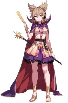 1girl ai-assisted anklet bare_arms belt black_belt bracelet breasts brown_eyes brown_hair cape closed_mouth collared_shirt commentary_request earmuffs frilled_skirt frills gold_anklet gold_bracelet gold_sandals happy high_collar high_heel_sandals highres jewelry kinamielise looking_at_viewer medium_breasts miniskirt pink_shirt pleated_skirt pointy_hair purple_cape purple_skirt red_cape ritual_baton sandals shirt skirt sleeveless sleeveless_shirt smile solo sword tachi-e touhou toyosatomimi_no_miko two-sided_cape two-sided_fabric untucked_shirt weapon