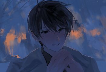 Rule 34 | 1boy, backlighting, black eyes, black hair, black shirt, coat, collared shirt, crying, crying with eyes open, dim lighting, head tilt, keomikan, kim dokja, looking at viewer, male focus, omniscient reader's viewpoint, open clothes, open coat, shirt, short hair, solo, steepled fingers, tears, upper body, white coat