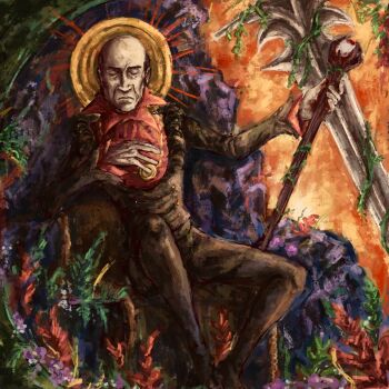 1boy balding black_coat black_pants brown_hair coat collared_coat commentary english_commentary flower frown gold_necklace halo halo_behind_head haskill haskills-husband highres holding holding_staff jewelry juliet_sleeves long_sleeves male_focus mature_male necklace open_hand orange_background ornate_clothes painterly pants plant puffy_sleeves sitting_on_throne staff the_elder_scrolls the_elder_scrolls_iv:_oblivion