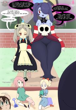 1girl 4futa :o absurdres ass blonde_hair bloody_marie_(skullgirls) blue_eyes breasts brown_hair cleavage colored_skin english_text futanari green_eyes grey_hair highres huge_ass huge_penis huge_testicles large_breasts loli long_hair multiple_futa penis pink_hair purple_hair purple_skin sitting skullgirls speech_bubble squigly_(skullgirls) testicles touhoufan twintails