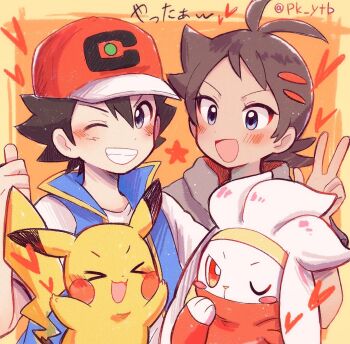 >_< 2boys :d antenna_hair artist_name ash_ketchum baseball_cap black_hair blue_eyes blush brown_hair commentary_request gen_1_pokemon gen_8_pokemon goh_(pokemon) hat heart highres jacket multiple_boys nintendo one_eye_closed open_mouth pikachu pokemon pokemon_(anime) pokemon_(creature) pokemon_journeys raboot shirt short_sleeves smile teeth thumbs_up tongue w watermark white_shirt yataba_(pk_ytb)