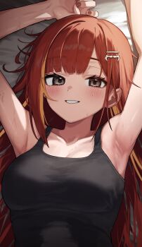 1girl absurdres akane_lize armpit_focus armpits arms_up black_tank_top blush breasts collarbone commentary_request grey_eyes grin highres korean_commentary large_breasts long_hair looking_at_viewer lying mole mole_under_eye on_back on_bed poisoncrown01 red_hair smile solo stellive straight_hair sweat tank_top upper_body virtual_youtuber