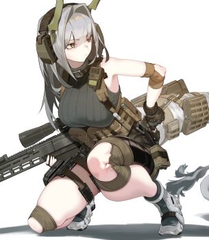 1girl absurdres ammunition_pouch bare_shoulders black_gloves black_shorts breasts brown_eyes esnowg gloves green_horns grey_hair grey_shirt grey_shoes gun hair_intakes hashtag-only_commentary headset highres horns large_breasts long_hair looking_to_the_side original pouch rifle shirt shoes shorts simple_background sleeveless sleeveless_shirt sniper_rifle solo squatting thigh_pouch weapon white_background