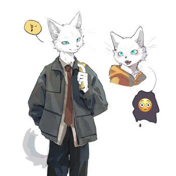1boy absurdres black_jacket blue_eyes body_fur brown_necktie cat_boy claws cowboy_shot emoji furry furry_male hand_in_pocket highres jacket kimroco looking_at_viewer male_focus multiple_views musical_note necktie original simple_background spoken_musical_note standing tail whiskers white_background white_fur